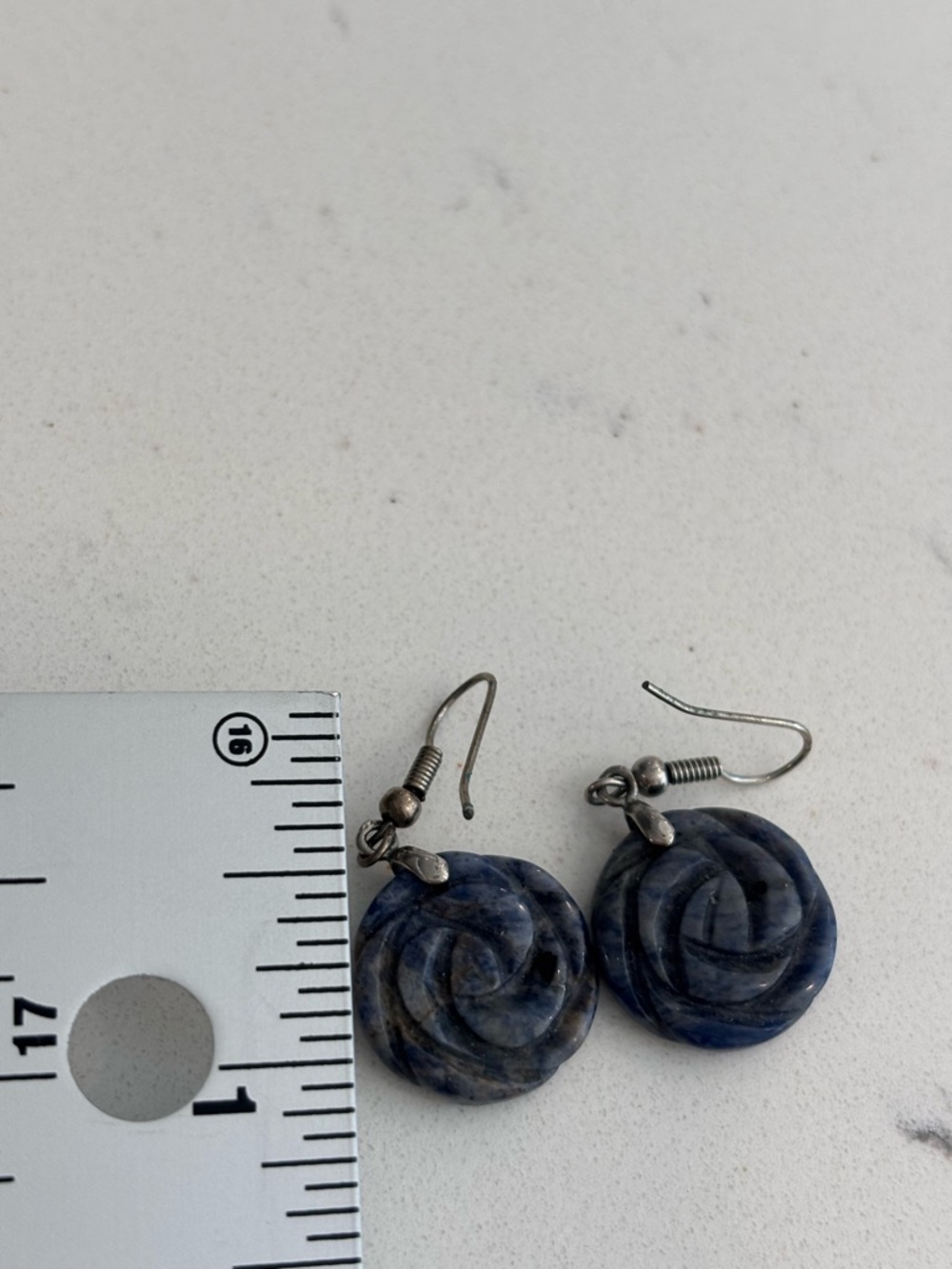 VINTAGE Hand Carved Sodalite Rose Flower Earrings | Sterling Silver 925 - Picture 2 of 3